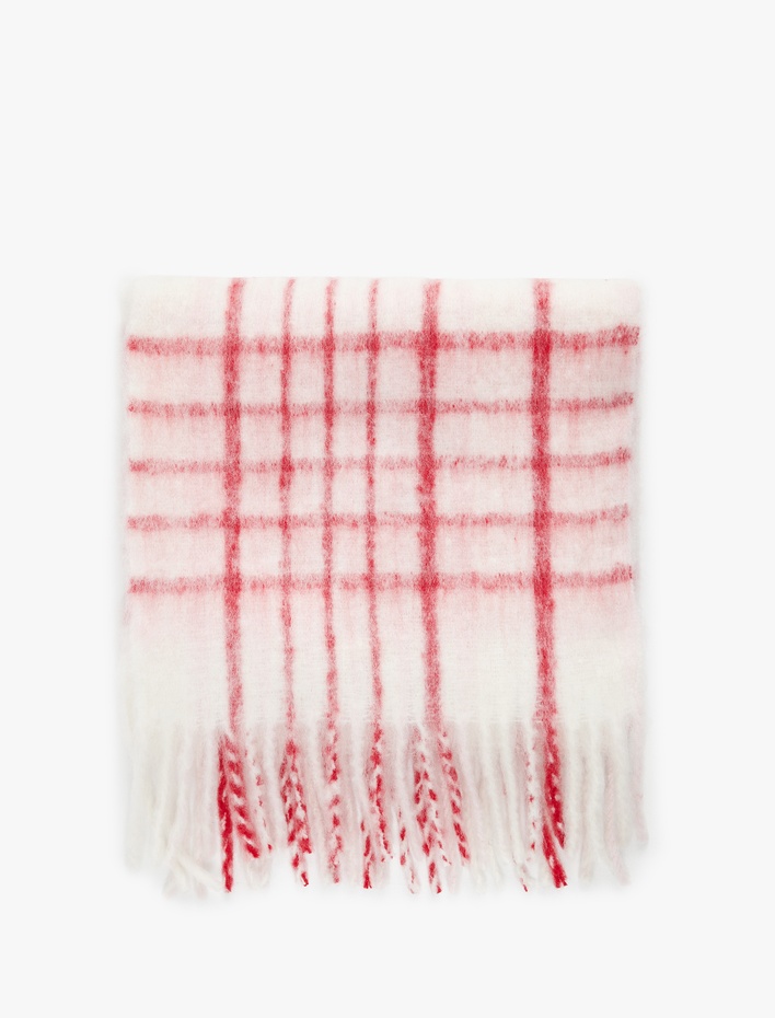 Kadın Yumuşak Dokulu Kareli Püsküllü Uzun Atkı