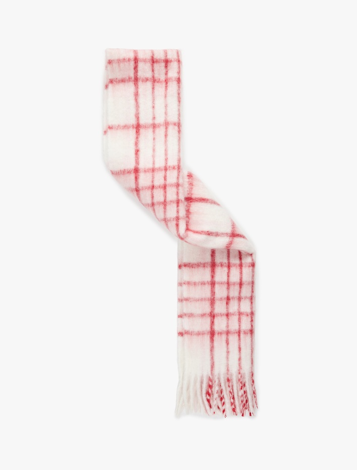 Kadın Yumuşak Dokulu Kareli Püsküllü Uzun Atkı