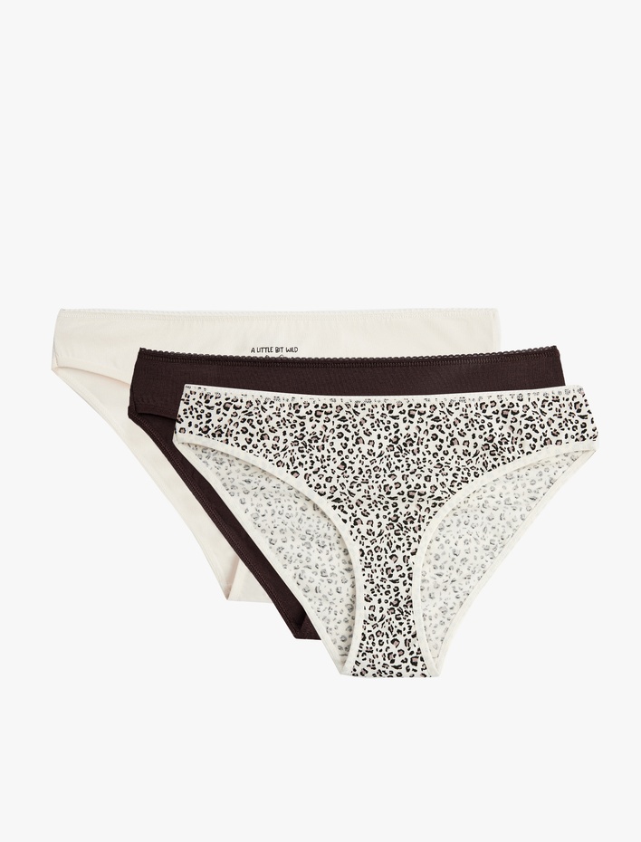  Kurdele Baskılı Rahat Kalıp Leopar Desenli Pamuklu 3'lü Brief Külot Seti
