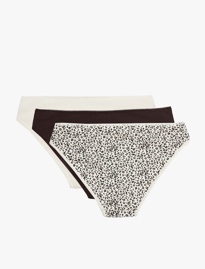  Kurdele Baskılı Rahat Kalıp Leopar Desenli Pamuklu 3'lü Brief Külot Seti