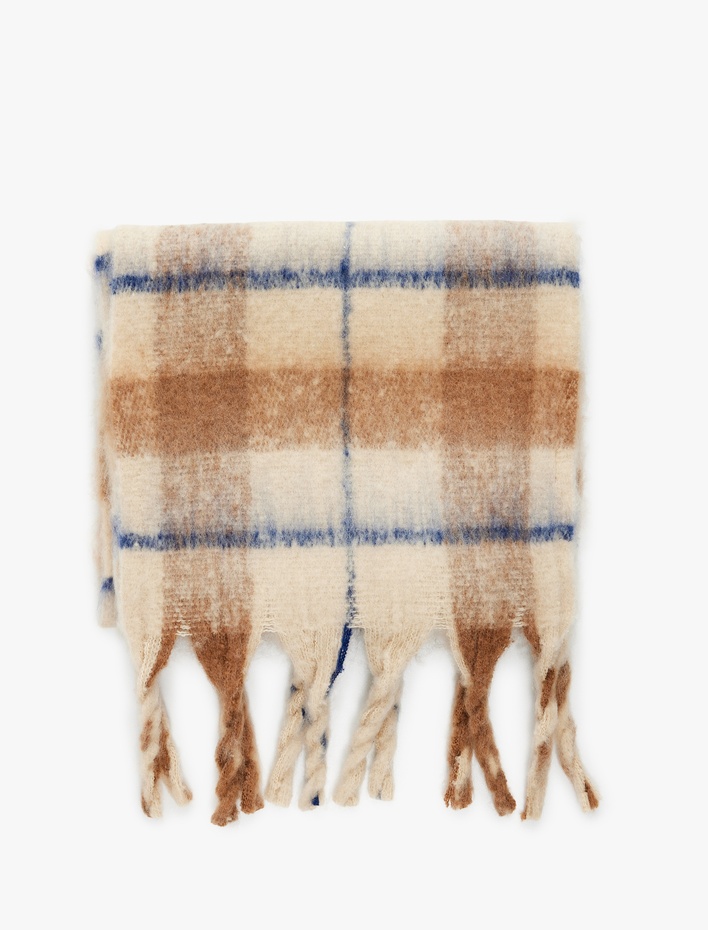 Kadın Ekose Desenli Yumuşak Dokulu Püsküllü Uzun Atkı