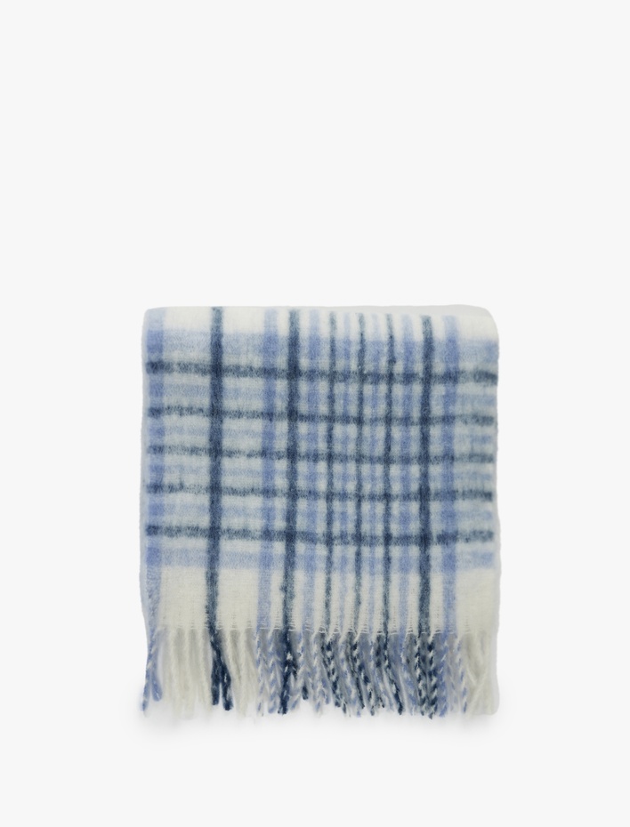 Kadın Yumuşak Dokulu Kareli Püsküllü Uzun Atkı