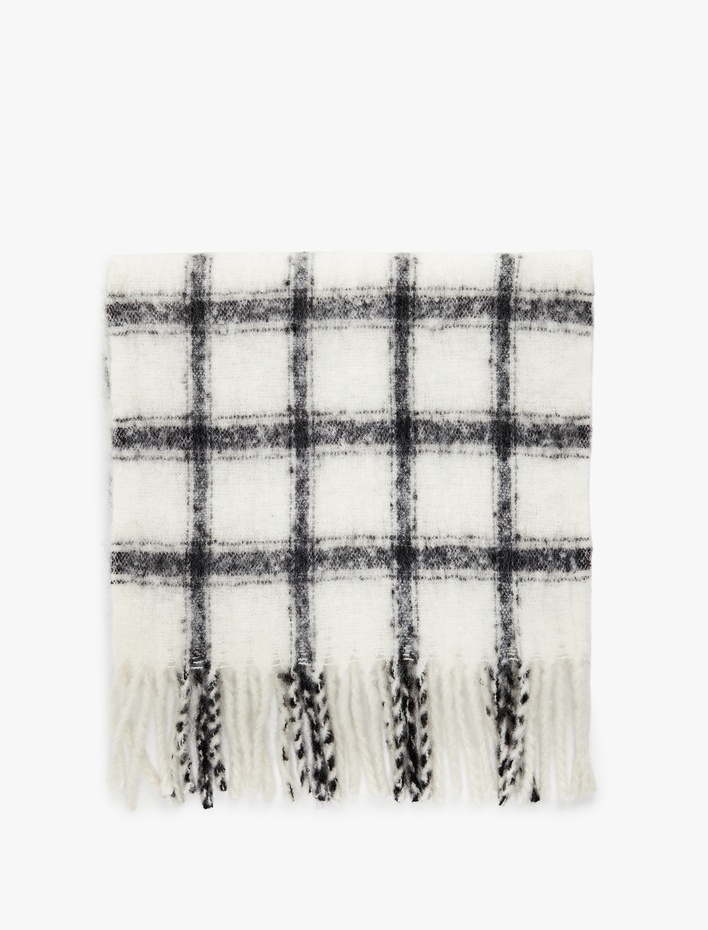 Kadın Ekose Desenli Yumuşak Dokulu Püsküllü Uzun Atkı