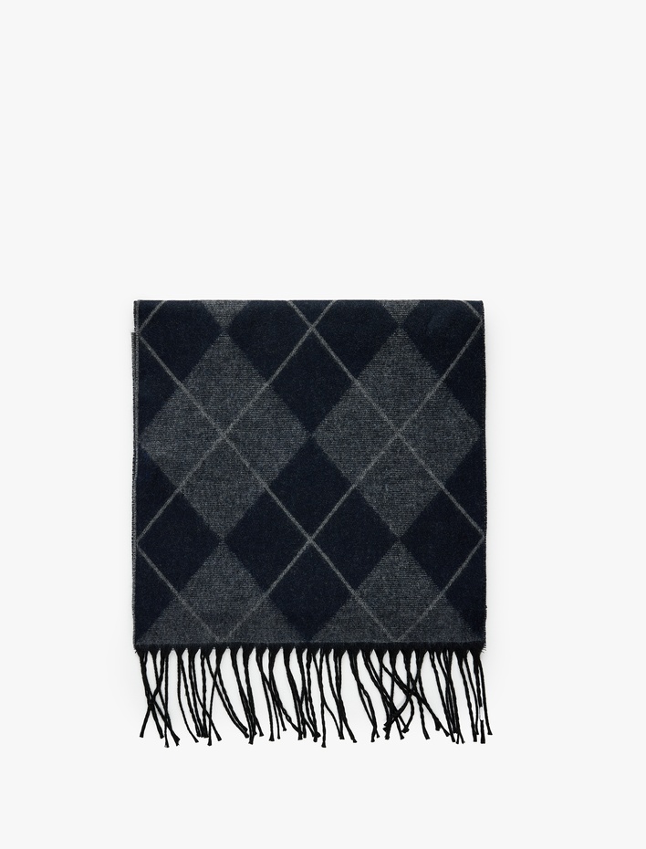 Erkek Baklava Desenli Uzun Viskon Karışımlı Püsküllü Atkı