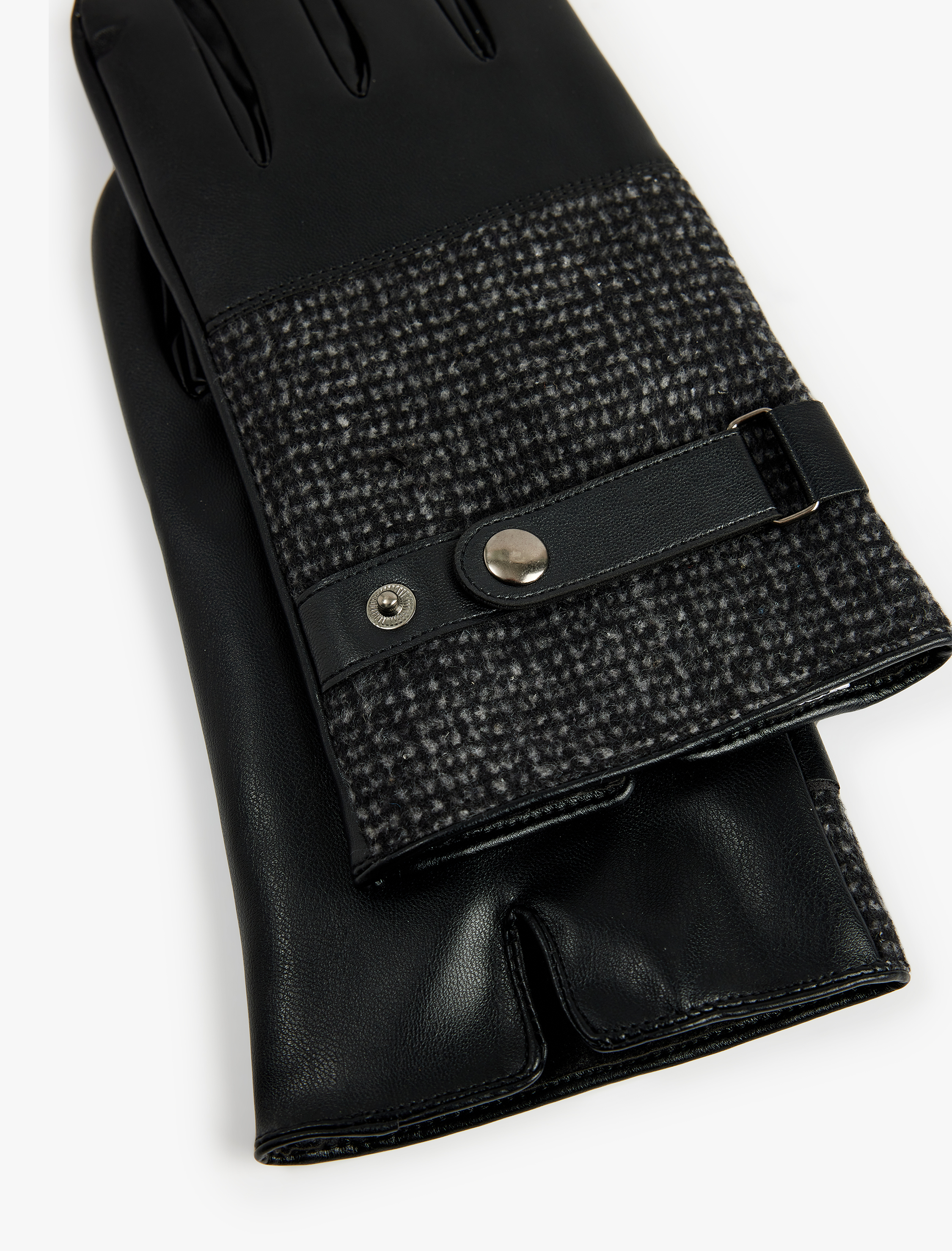  Erkek Çıtçıt Düğmeli Balıksırtı Desenli Kumaş Detaylı Suni Deri Eldiven