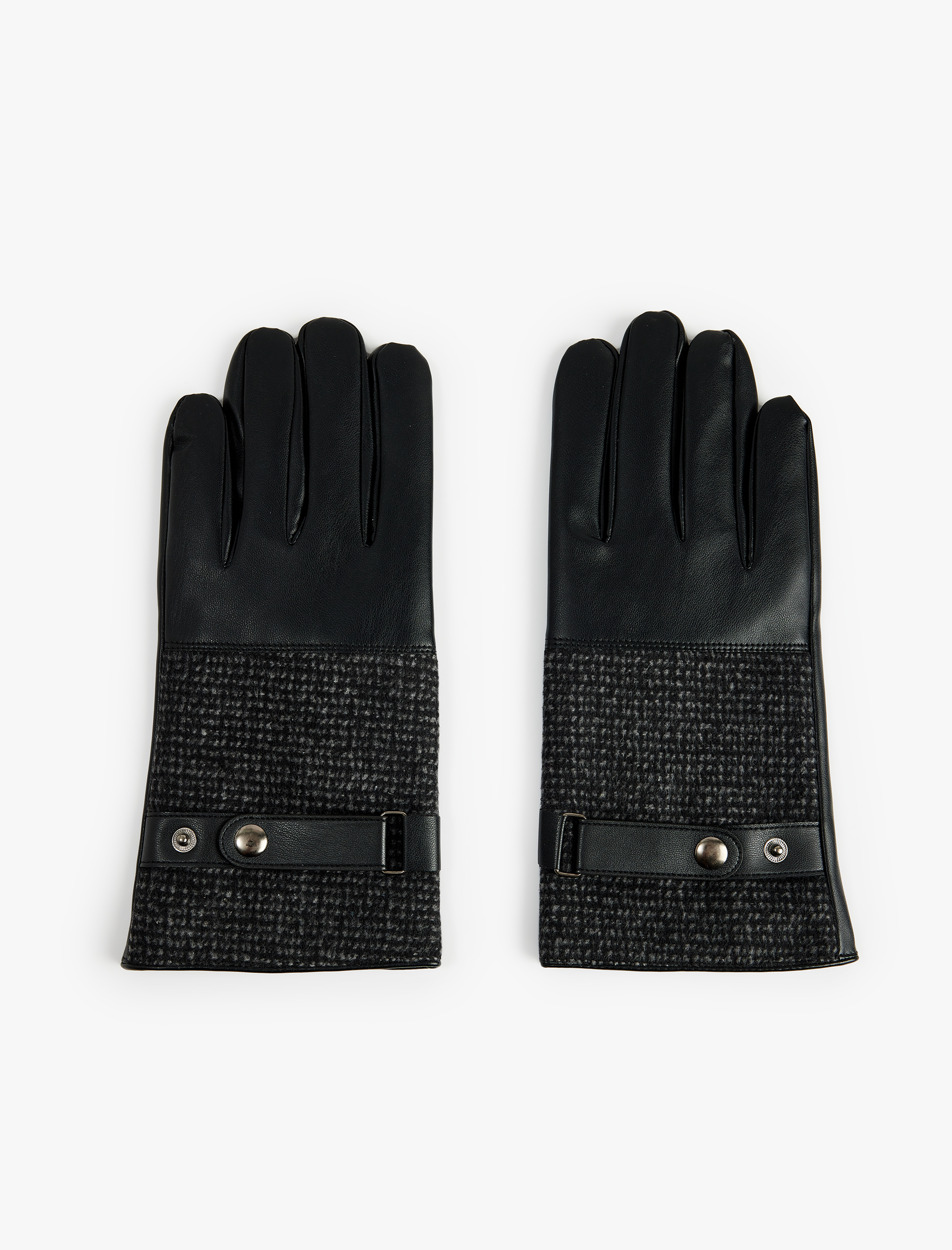  Erkek Çıtçıt Düğmeli Balıksırtı Desenli Kumaş Detaylı Suni Deri Eldiven