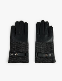 Çıtçıt Düğmeli Balıksırtı Desenli Kumaş Detaylı Suni Deri Eldiven