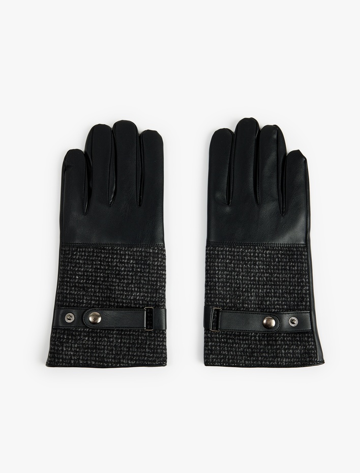 Erkek Çıtçıt Düğmeli Balıksırtı Desenli Kumaş Detaylı Suni Deri Eldiven