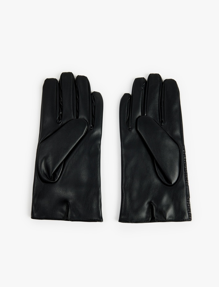 Erkek Çıtçıt Düğmeli Balıksırtı Desenli Kumaş Detaylı Suni Deri Eldiven