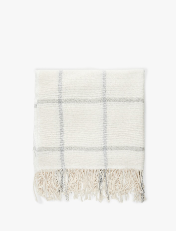 Kadın Yumuşak Dokulu Kareli Püsküllü Uzun Atkı