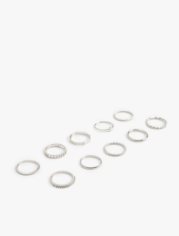 Kadın Çelik Karışımlı Burgu Taş Detaylı 10'lu Yüzük Seti