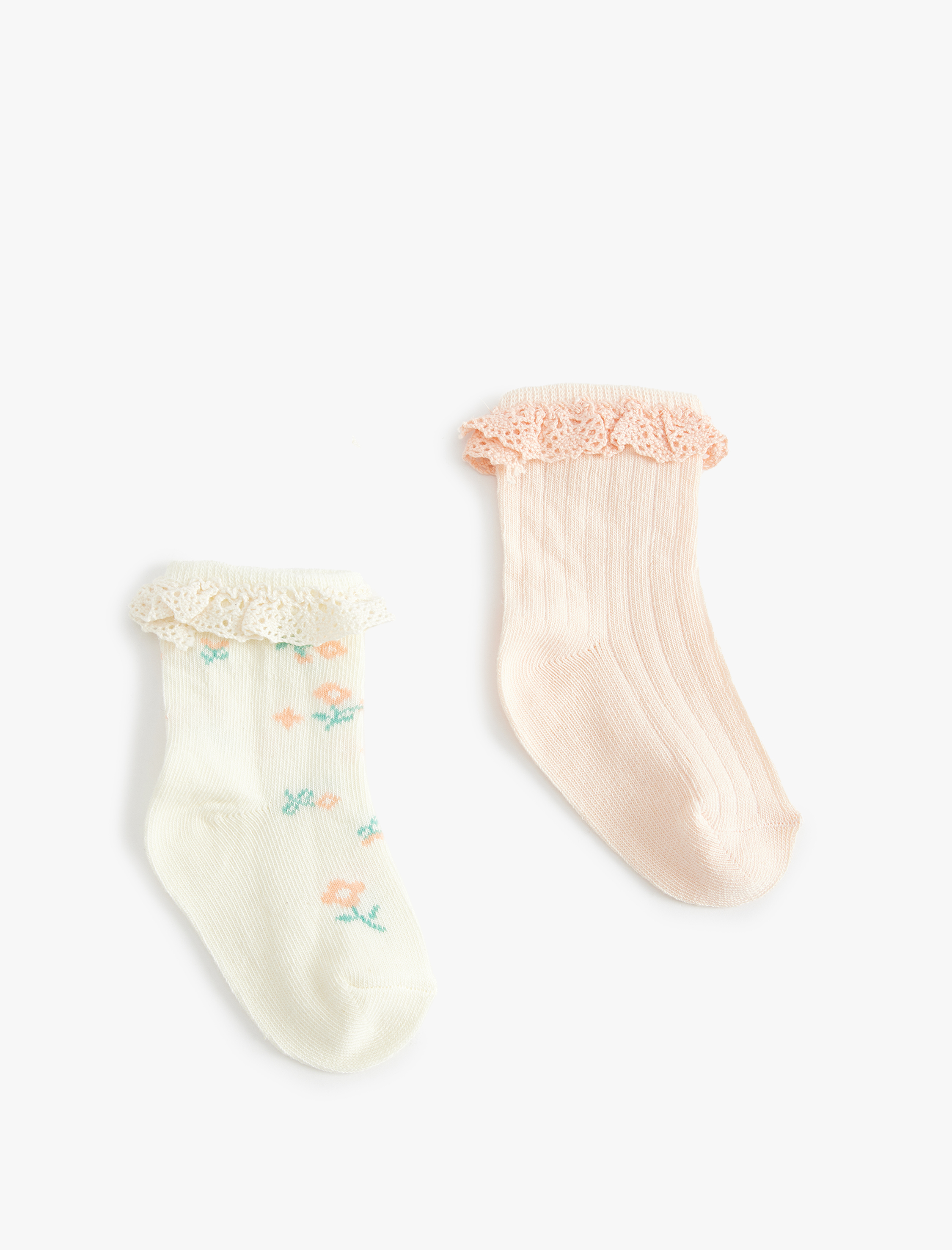  Kız Bebek Pamuklu Çiçekli Dantel Detaylı 2'li Soket Çorap Seti