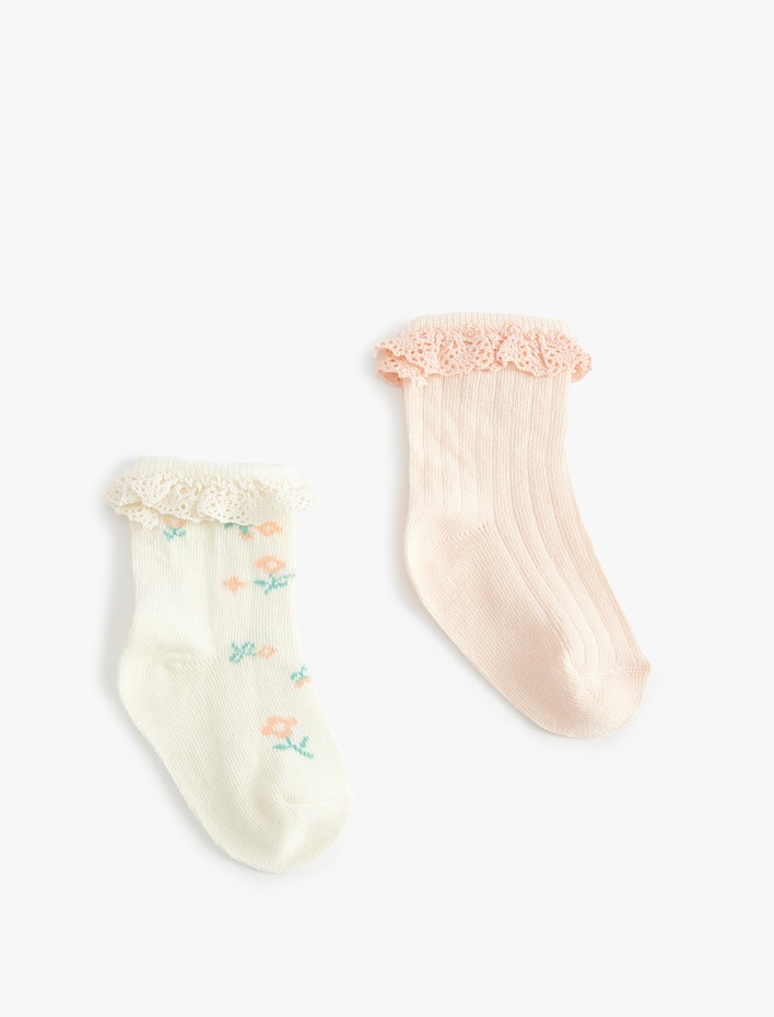 Kız Bebek Pamuklu Çiçekli Dantel Detaylı 2'li Soket Çorap Seti