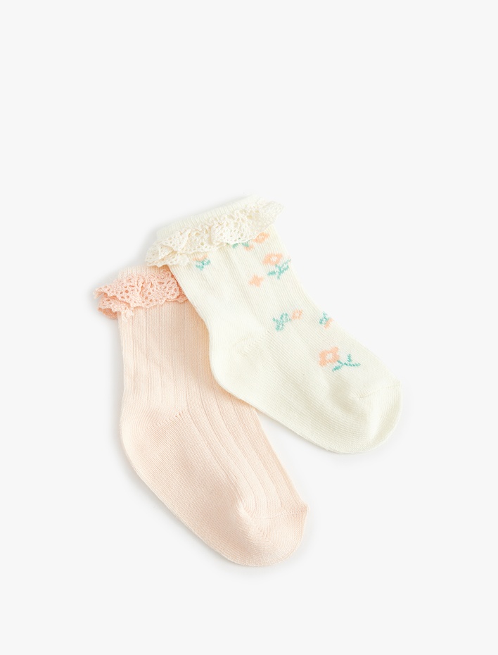 Kız Bebek Pamuklu Çiçekli Dantel Detaylı 2'li Soket Çorap Seti