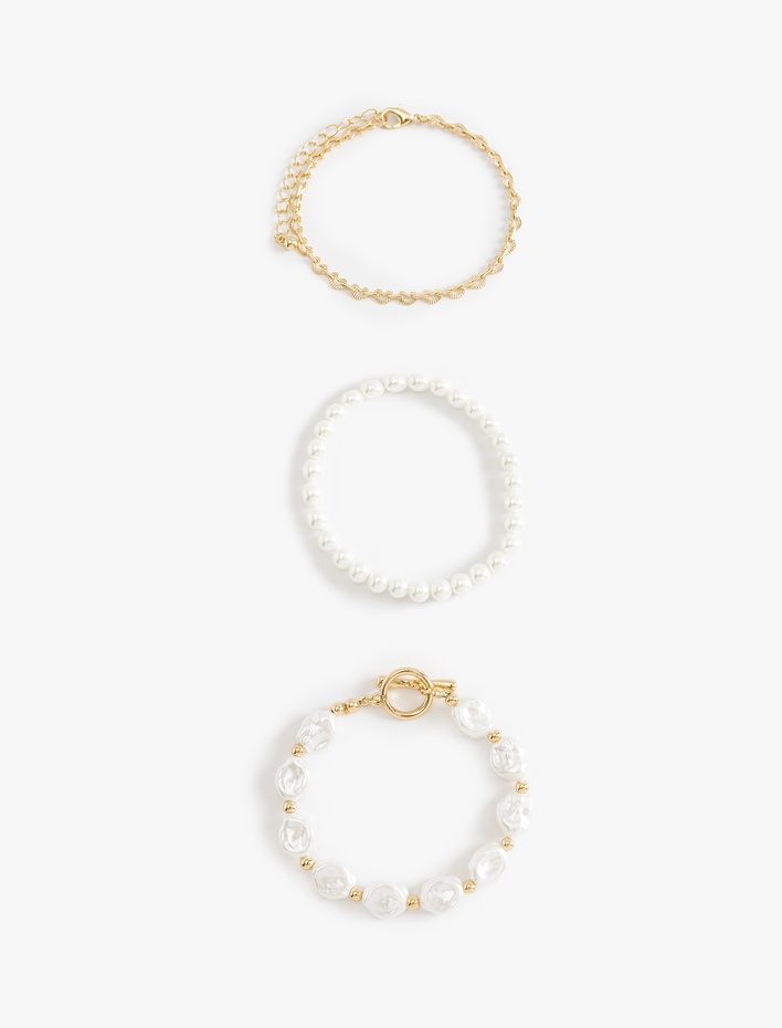 Kadın İnci Boncuk Detaylı 3'lü Bileklik Seti