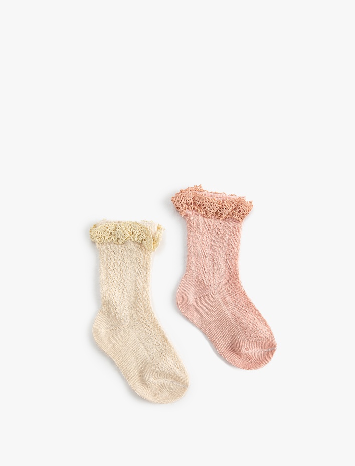 Kız Bebek Dantel Detaylı Pamuklu 2'li Soket Çorap Seti