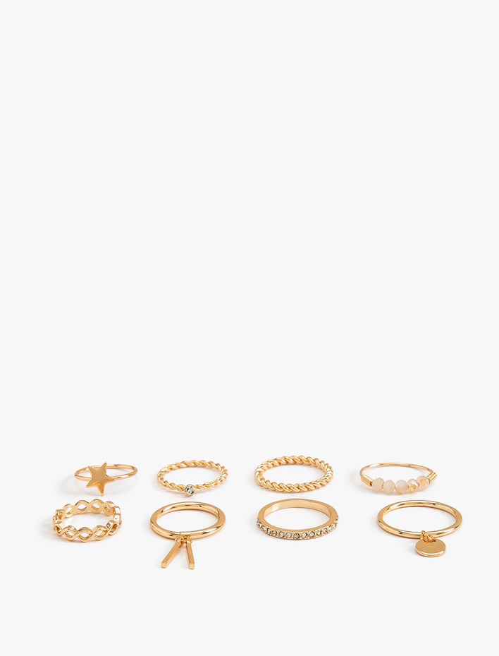 Kadın Taş Detaylı Charmlı Çelik 8'li Yüzük Seti