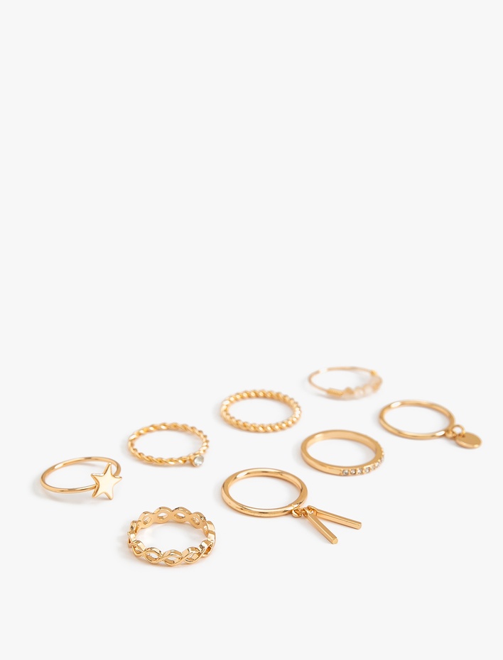 Kadın Taş Detaylı Charmlı Çelik 8'li Yüzük Seti