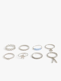 Taş Detaylı Charmlı Çelik 8'li Yüzük Seti