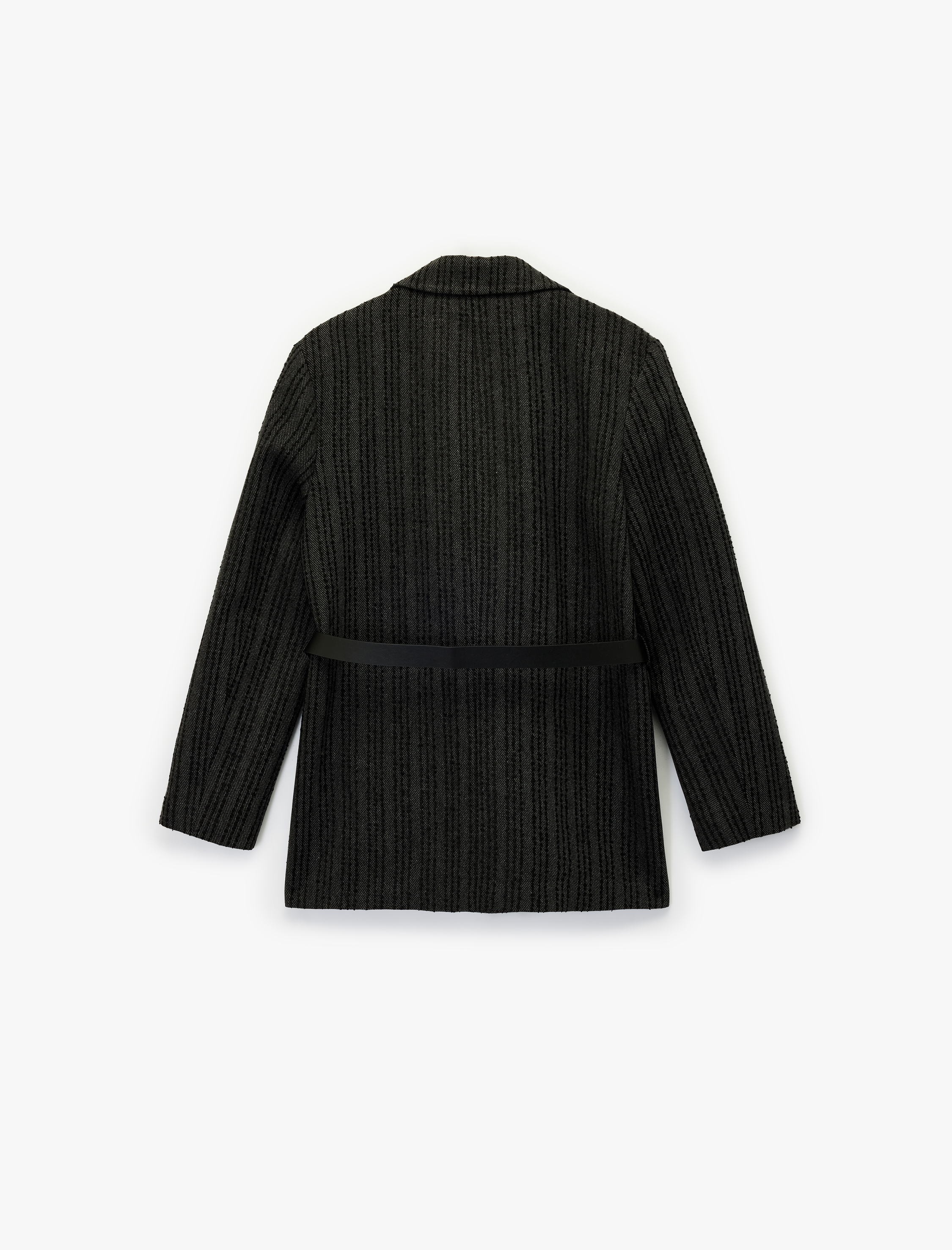   Geniş Yaka Kemerli Düğmeli Cep Detaylı Çizgili Blazer Ceket