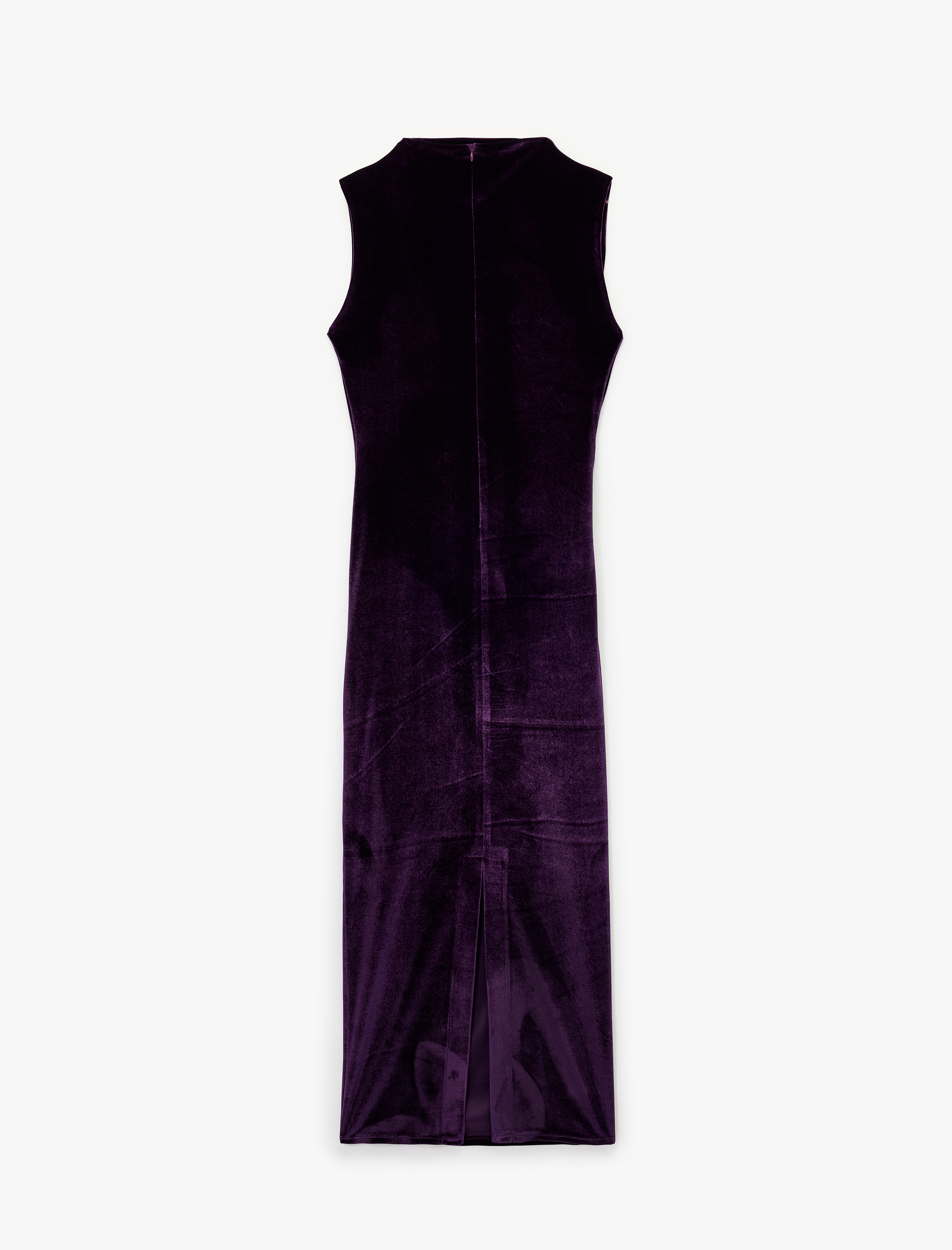   Yırtmaçlı Hafif Dik Yaka Drapeli Kolsuz Uzun Kadife Elbise