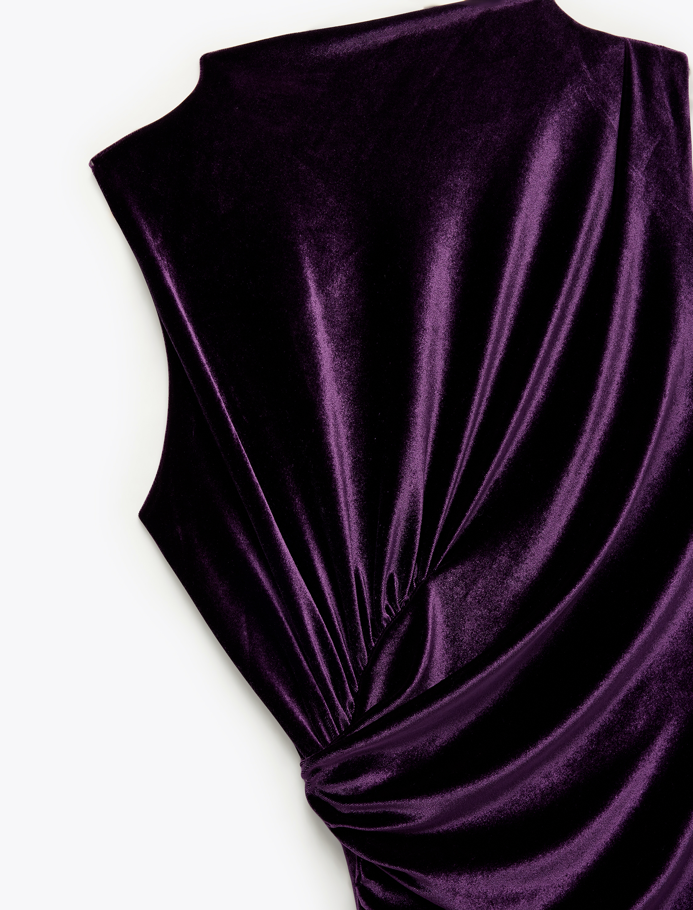   Yırtmaçlı Hafif Dik Yaka Drapeli Kolsuz Uzun Kadife Elbise