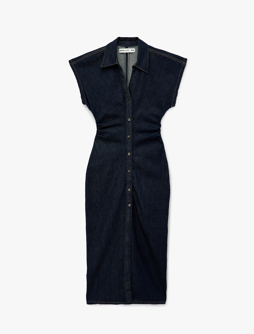   Pamuklu Düğmeli Drapeli Kısa Kollu V Yaka Midi Denim Elbise