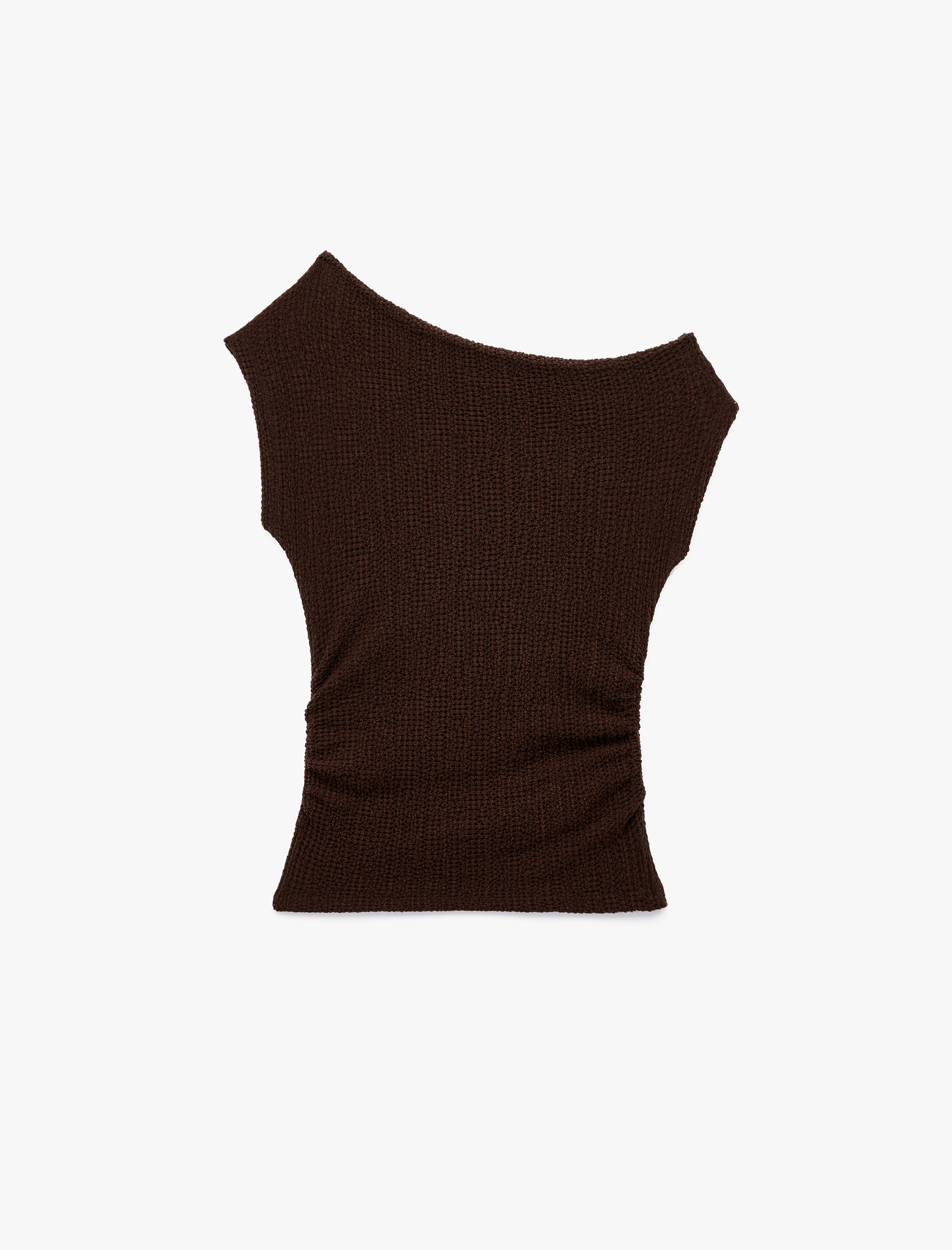   Bürümcük Kumaş Drape Detaylı Asimetrik Kayık Yaka Kolsuz Bluz