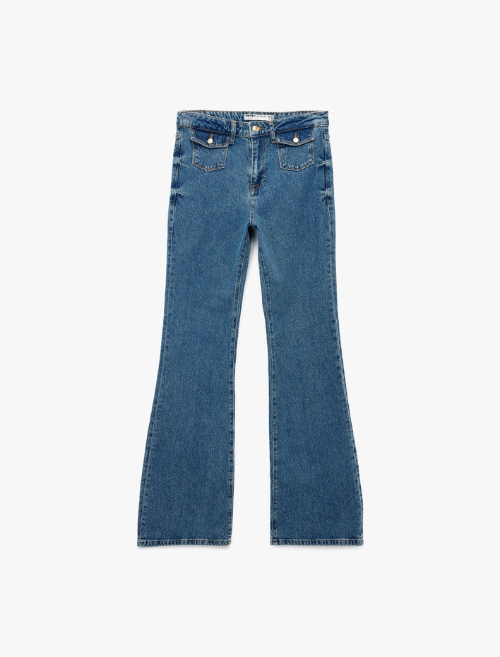  Yüksek Bel Düğmeli Cepli Dar Kalıp İspanyol Paça Jean Pantolon - Flare Jeans