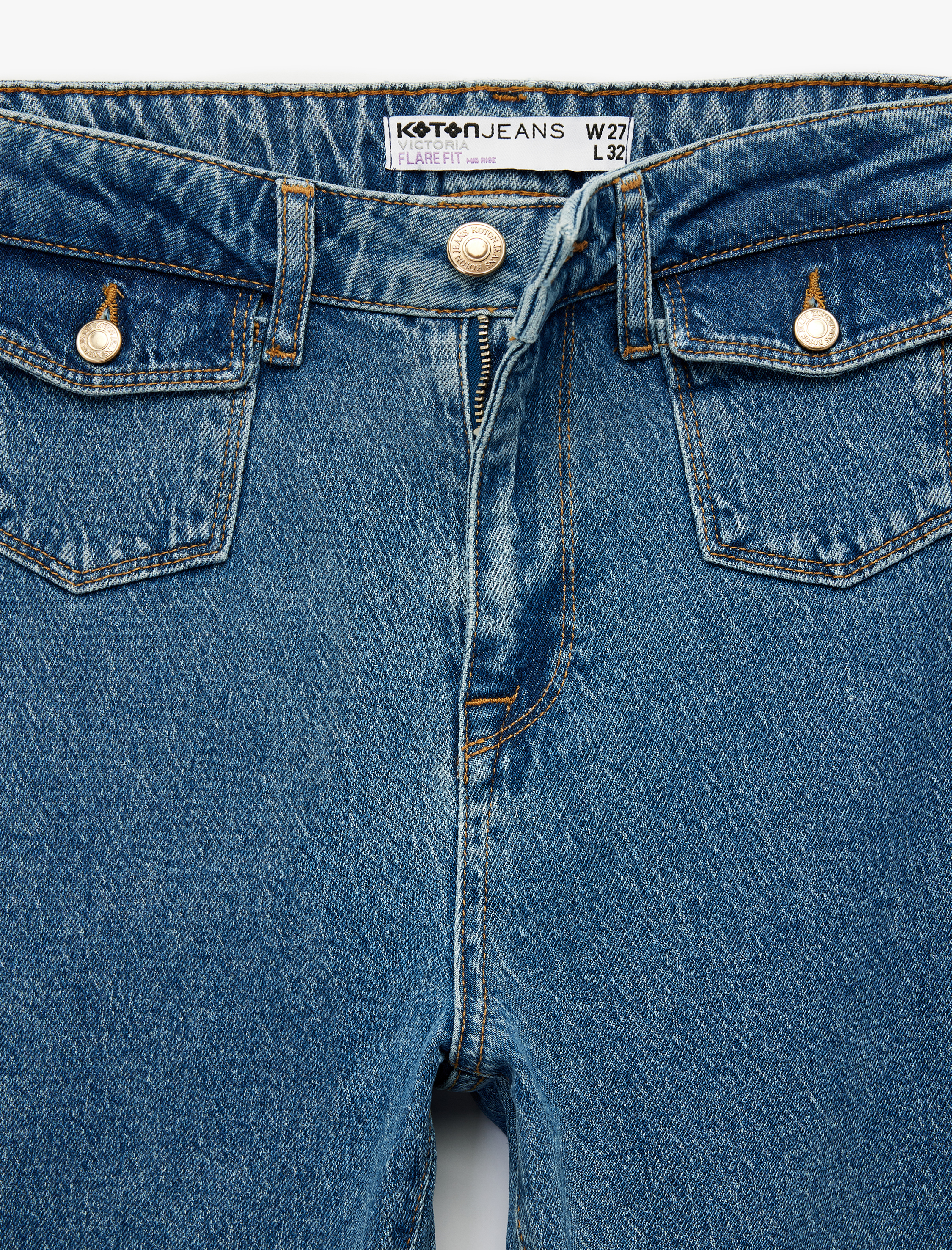   Yüksek Bel Düğmeli Cepli Dar Kalıp İspanyol Paça Jean Pantolon - Flare Jeans