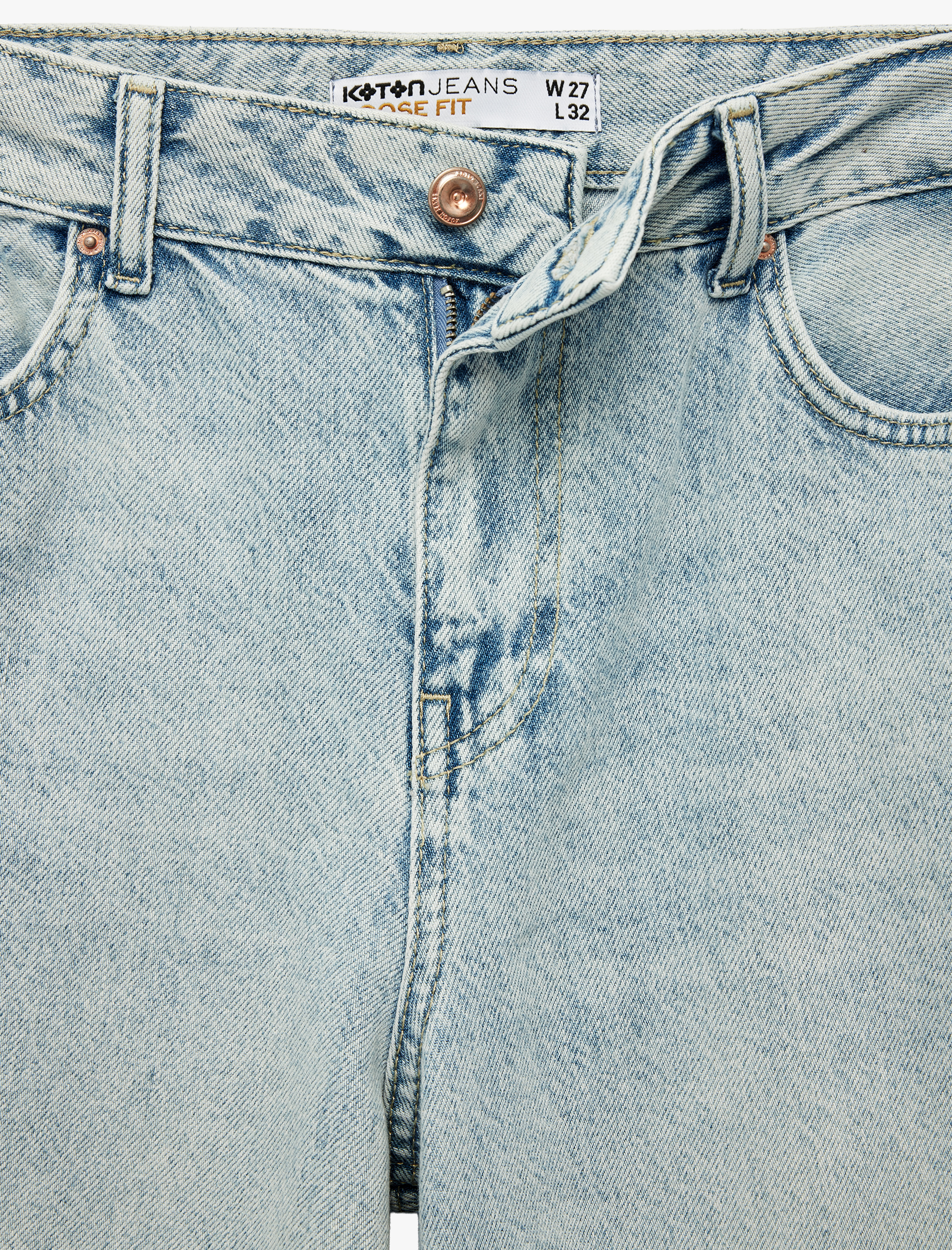   Düğmeli Cepli Rahat Kalıp Pamuklu Bol Paça Jean Pantolon - Loose Straight Fit Jean