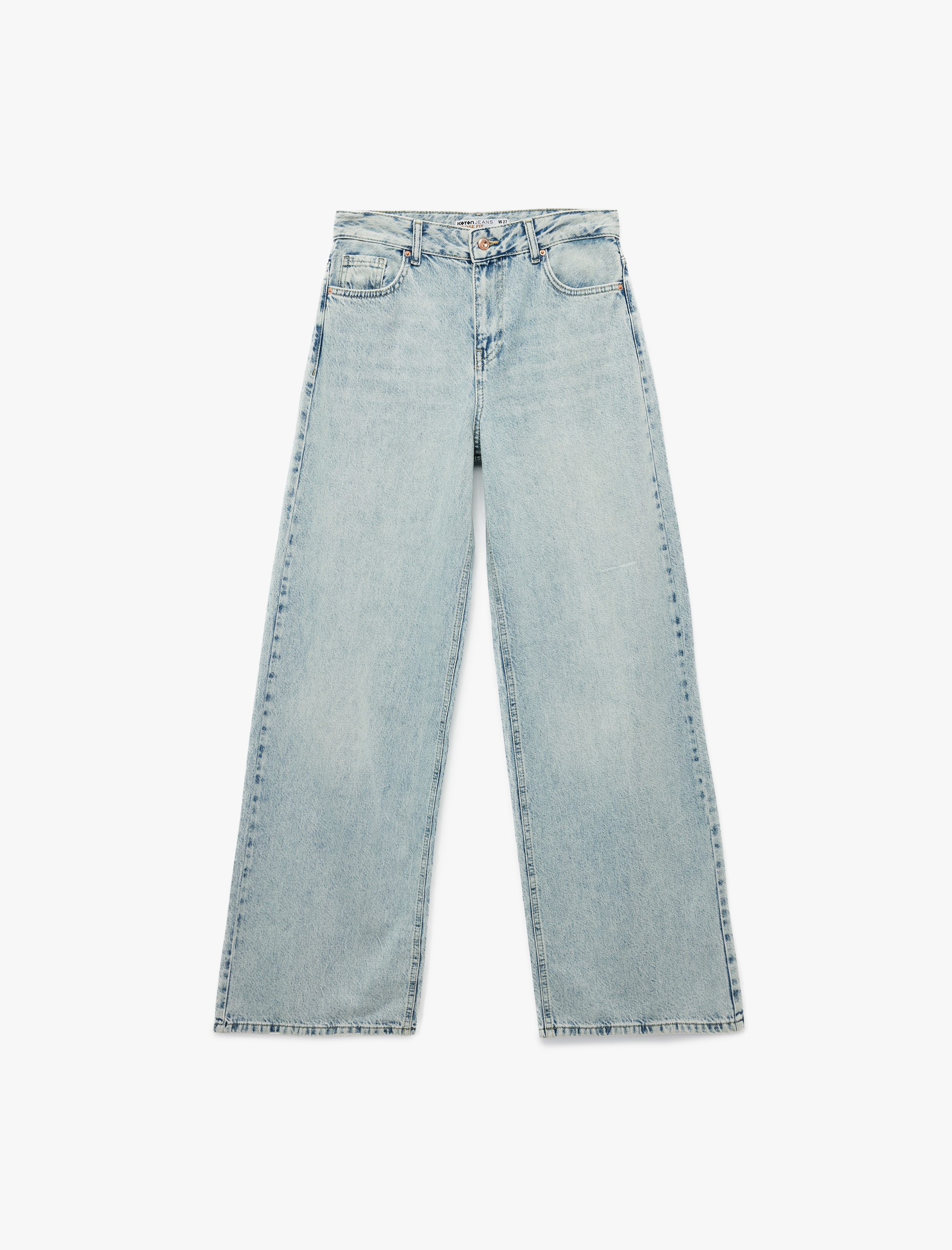   Düğmeli Cepli Rahat Kalıp Pamuklu Bol Paça Jean Pantolon - Loose Straight Fit Jean