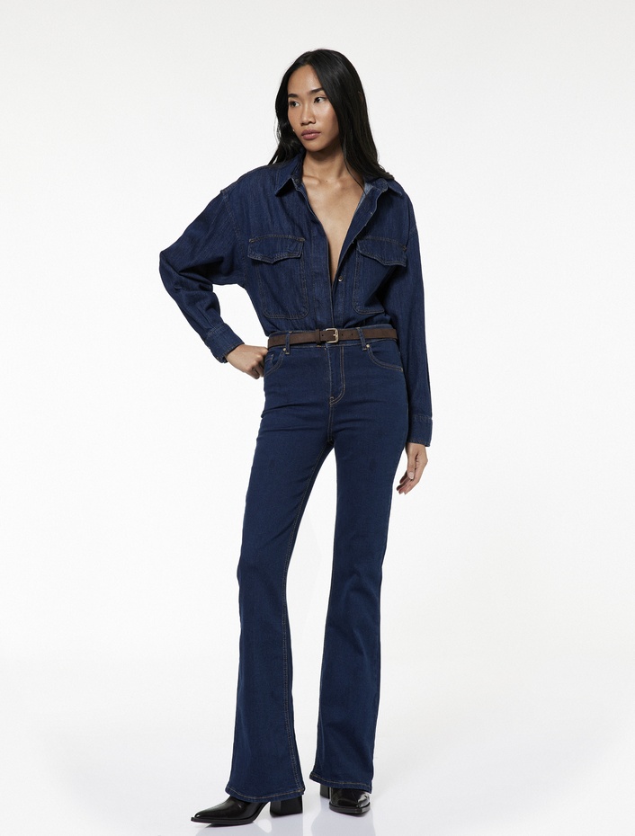  Dar Kalıp Pamuklu Yüksek Bel İspanyol Paça Jean Pantolon - Flare Jeans