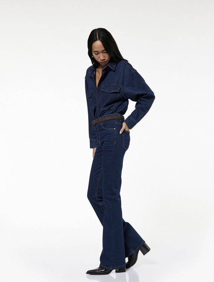  Dar Kalıp Pamuklu Yüksek Bel İspanyol Paça Jean Pantolon - Flare Jeans