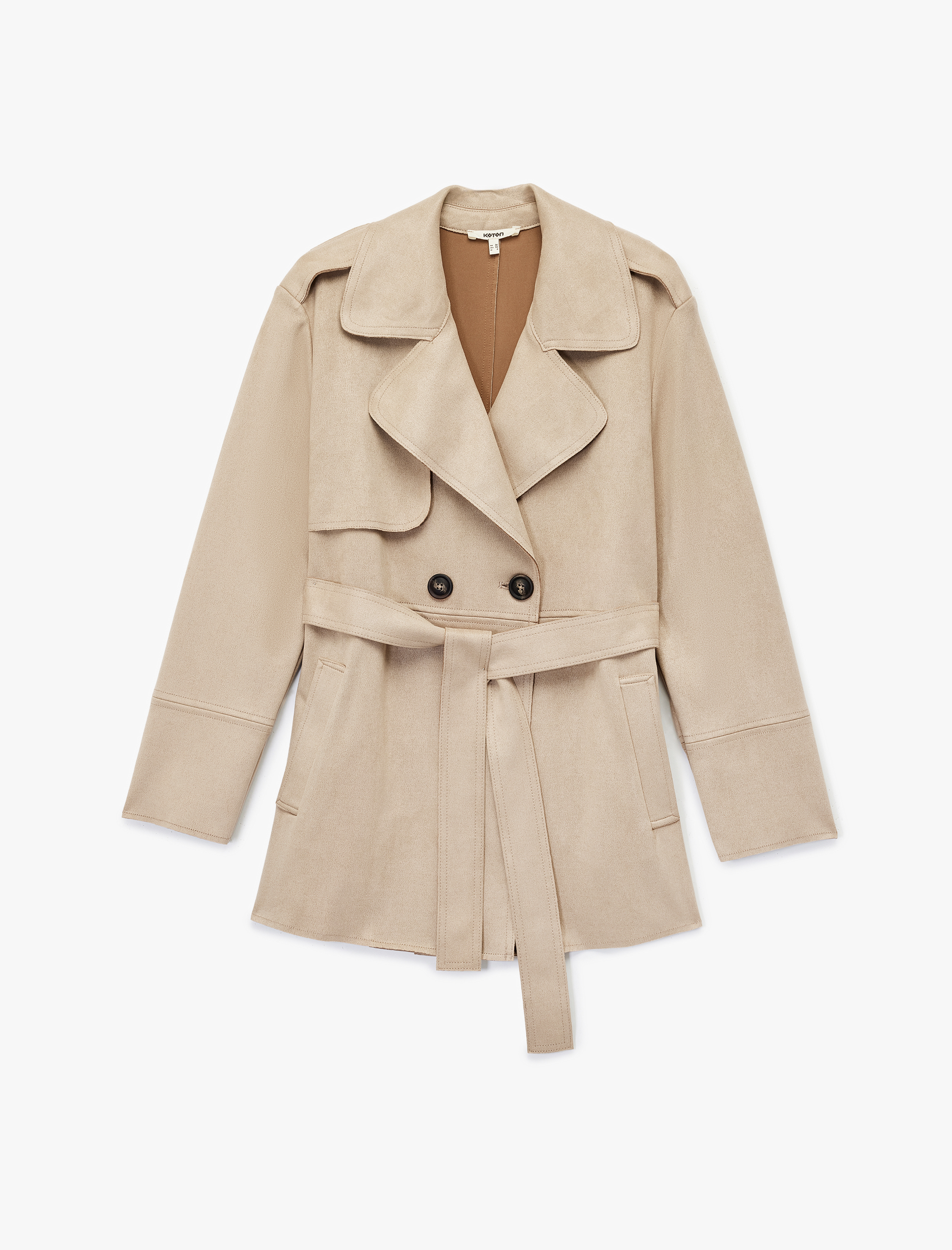   Cepli Düğmeli Uzun Kollu Kruvaze Kemerli Suni Süet Trençkot