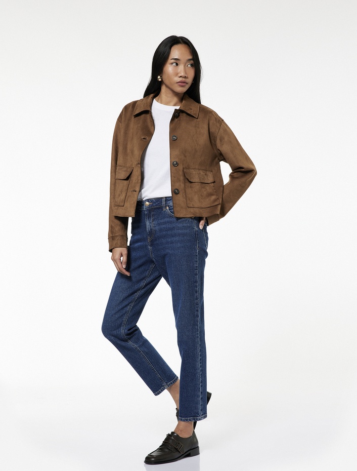  Yüksek Bel Düz Paça Cepli Pamuklu Jean Pantolon - Slim Straight Fit Jean