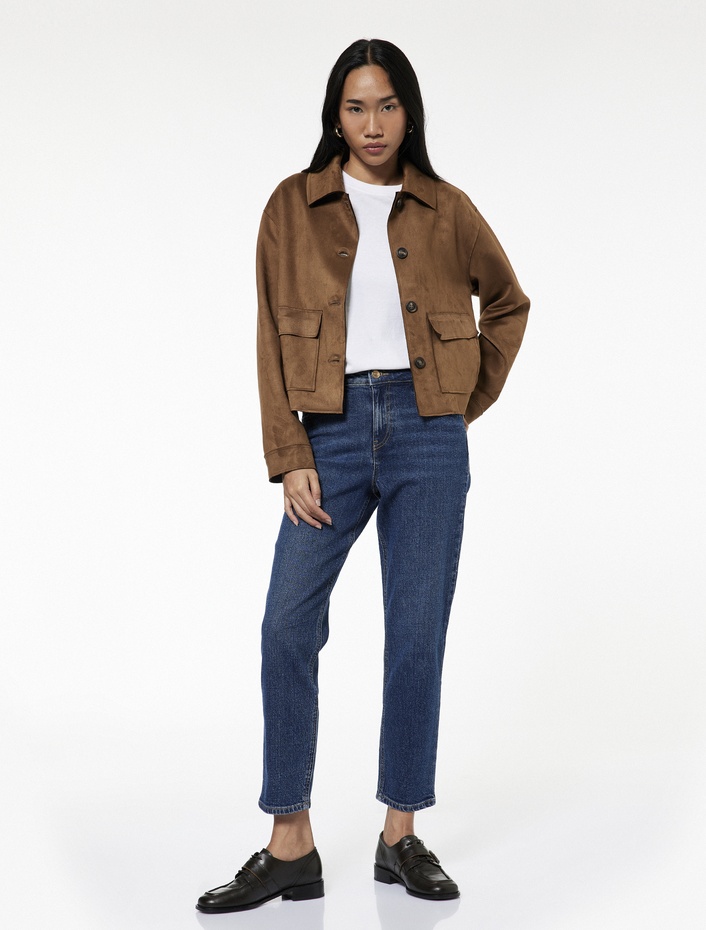  Yüksek Bel Düz Paça Cepli Pamuklu Jean Pantolon - Slim Straight Fit Jean