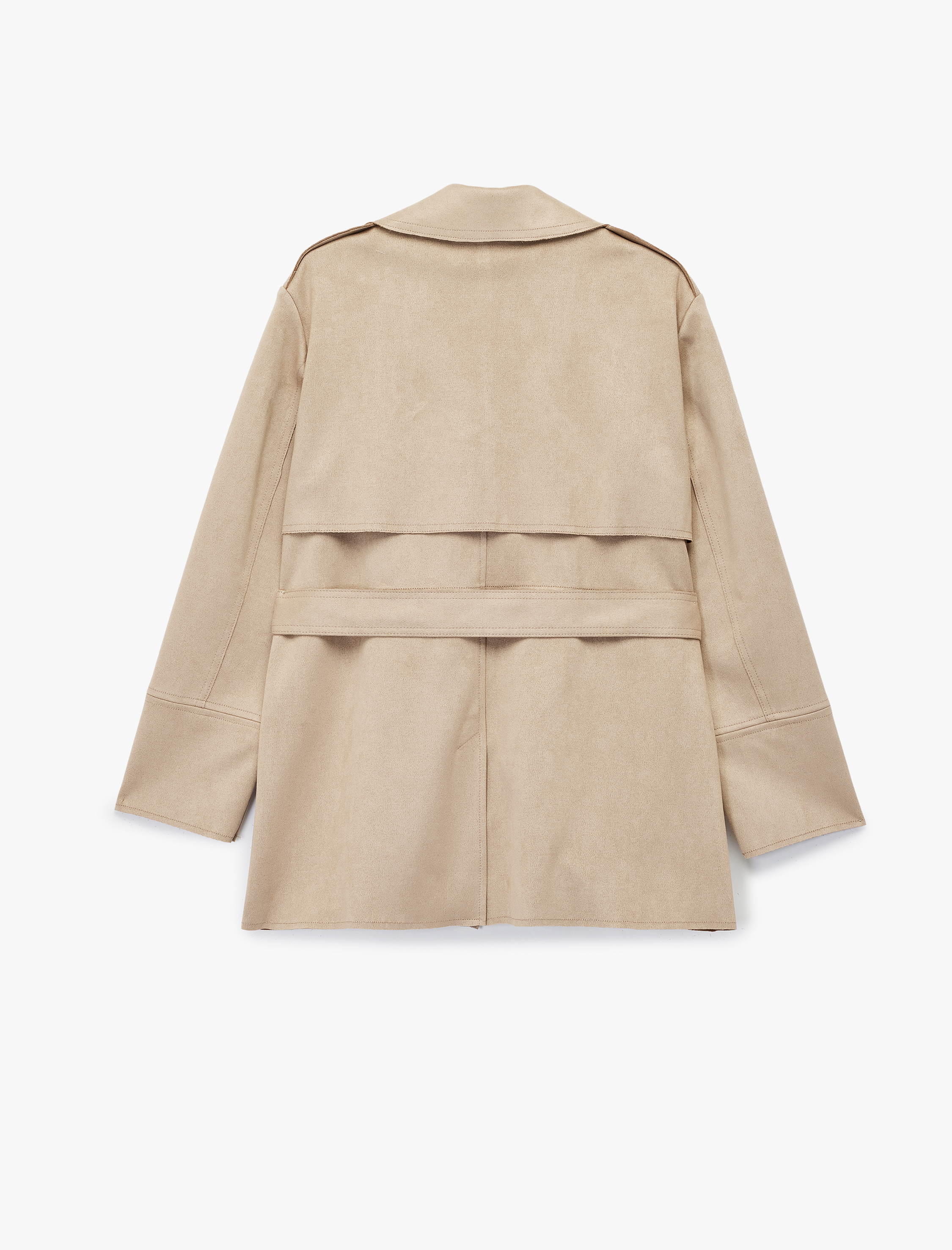   Cepli Düğmeli Uzun Kollu Kruvaze Kemerli Suni Süet Trençkot