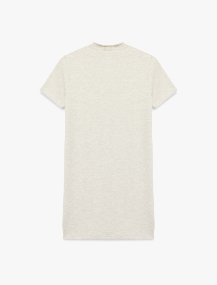  Nervürlü Slim Fit Dik Yaka Kısa Kollu Mini Elbise