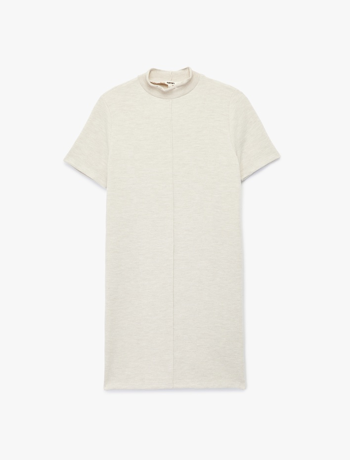  Nervürlü Slim Fit Dik Yaka Kısa Kollu Mini Elbise