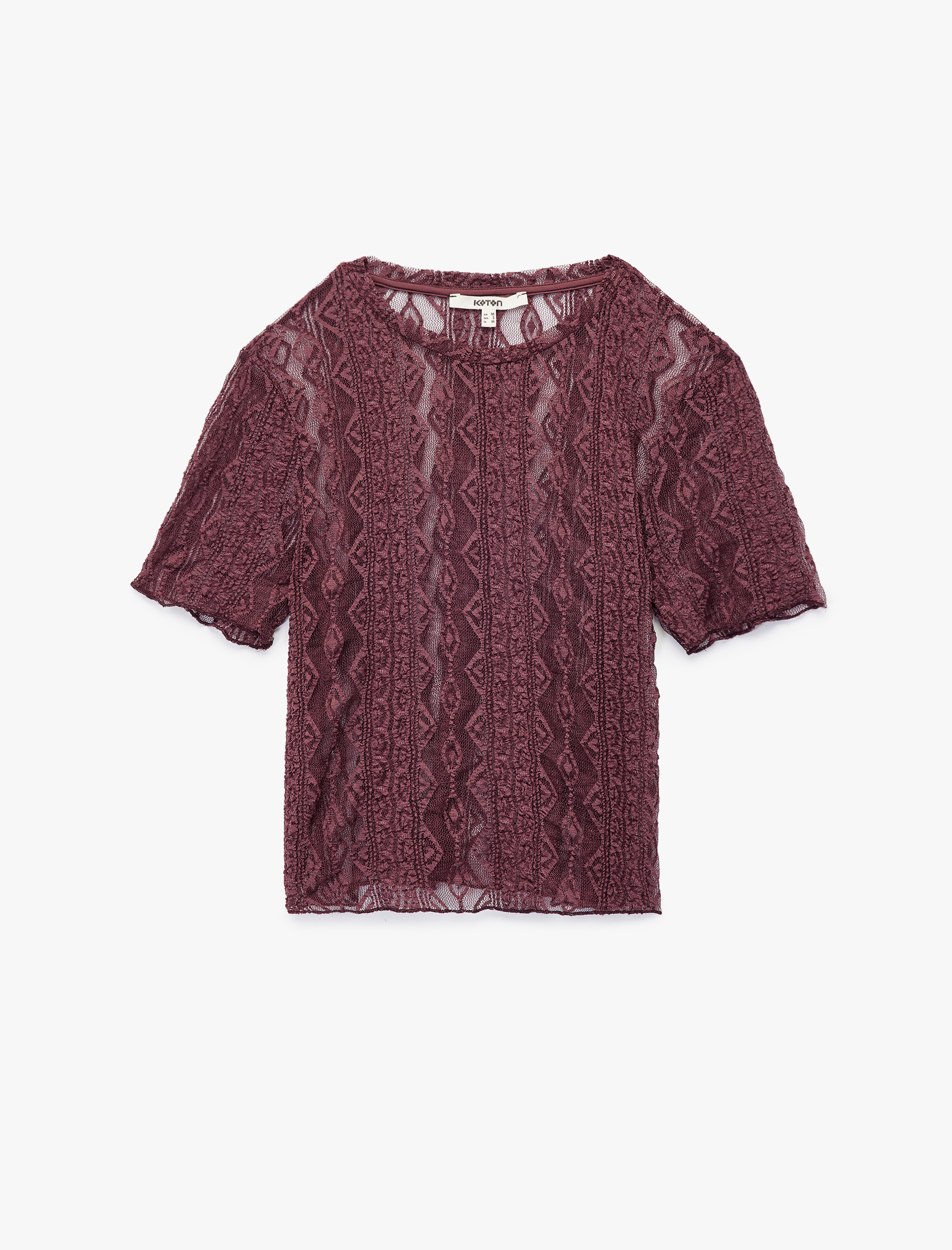   Yarı Transparan Kısa Kollu Bisiklet Yaka Dantel Tişört