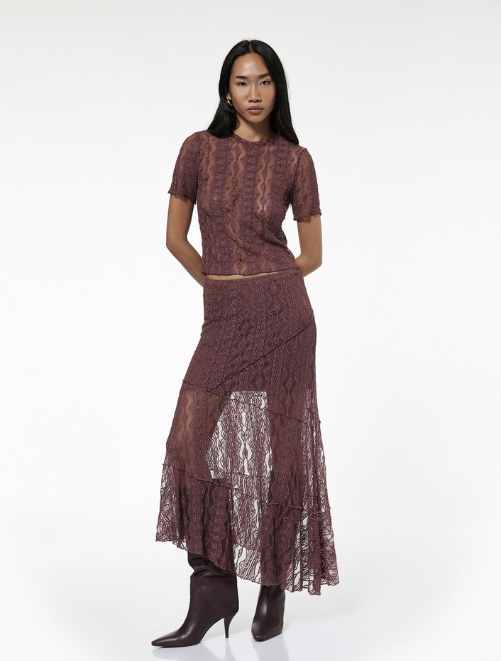  Yarı Transparan Kısa Kollu Bisiklet Yaka Dantel Tişört