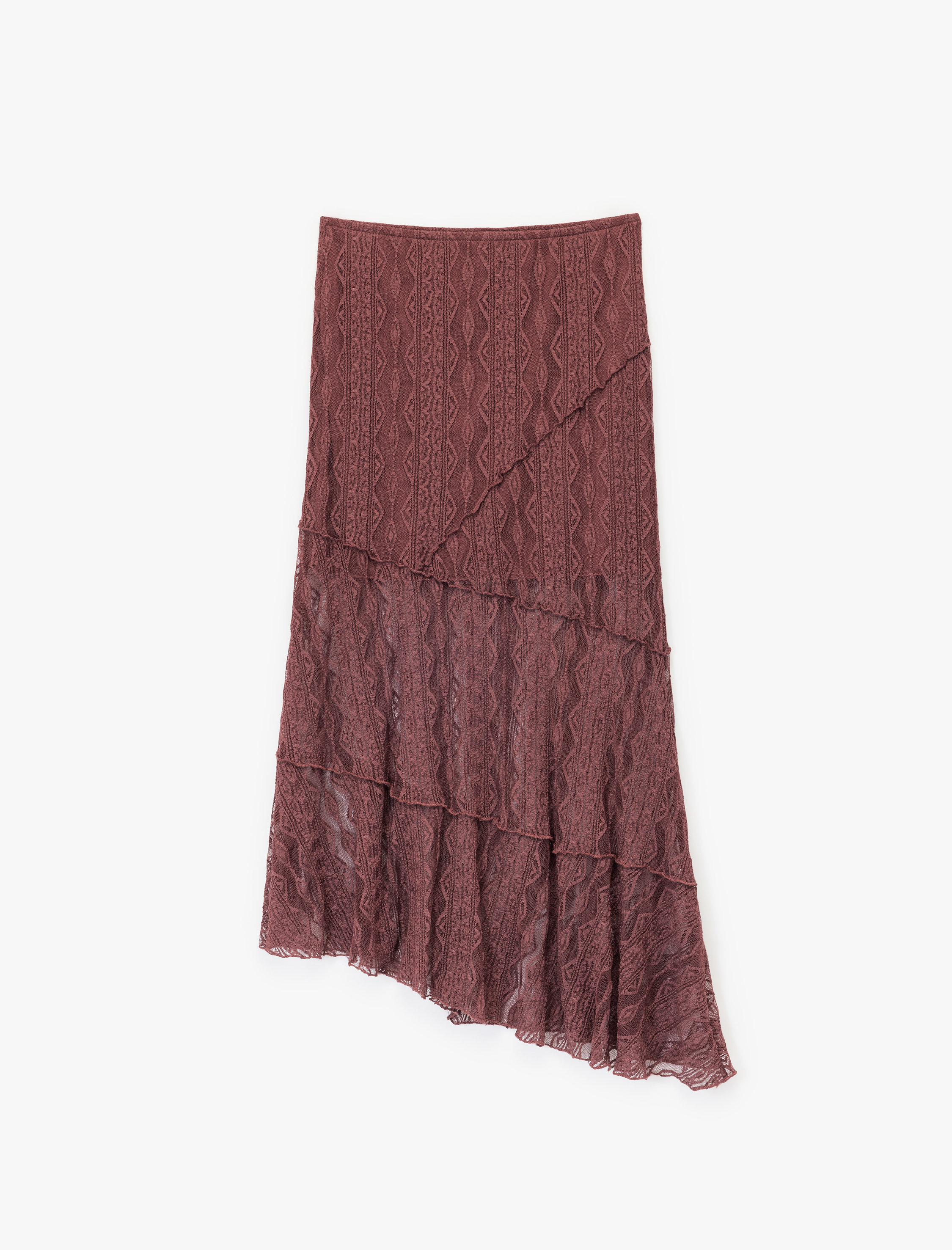   Yarı Transparan Asimetrik Kesim Midi Dantel Etek