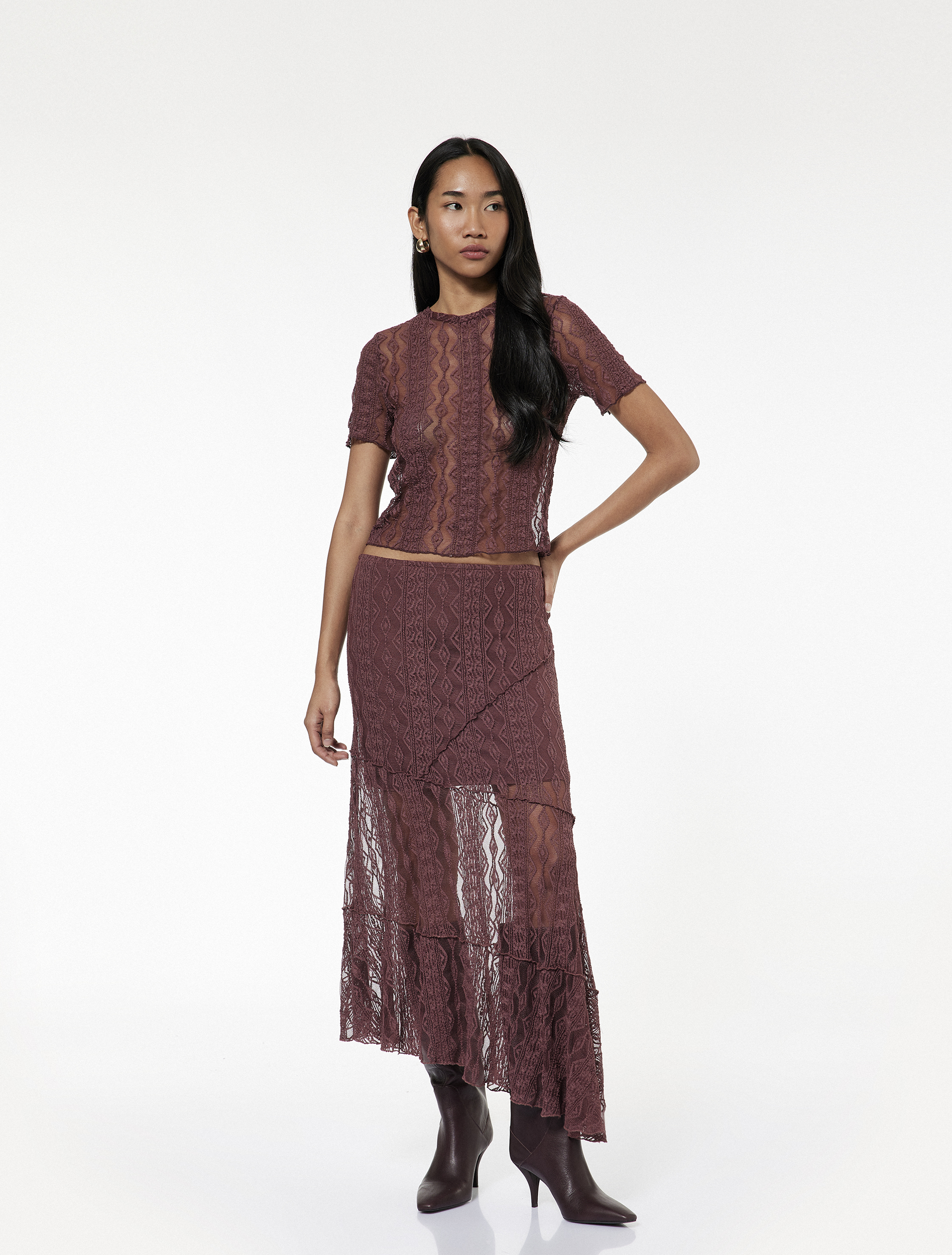   Yarı Transparan Asimetrik Kesim Midi Dantel Etek