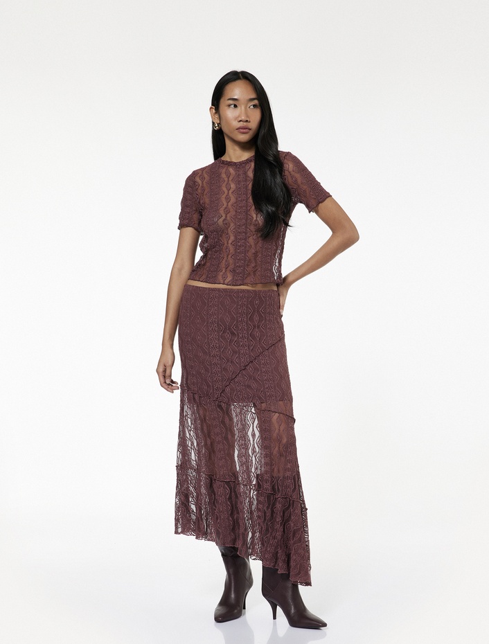  Yarı Transparan Asimetrik Kesim Midi Dantel Etek