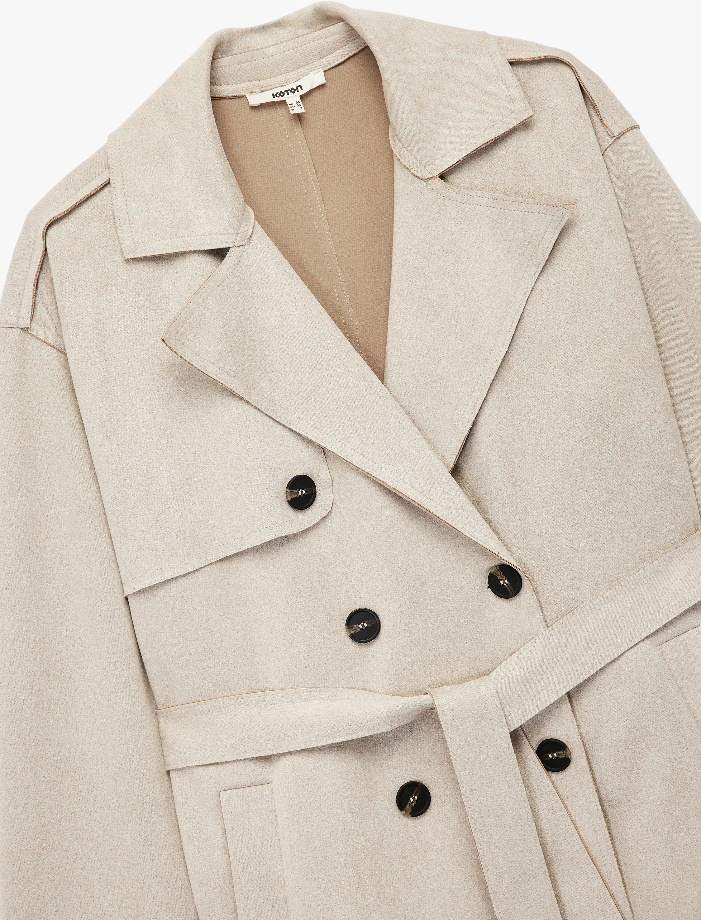   Uzun Kollu Cepli Kemerli Kruvaze Suni Süet Trençkot