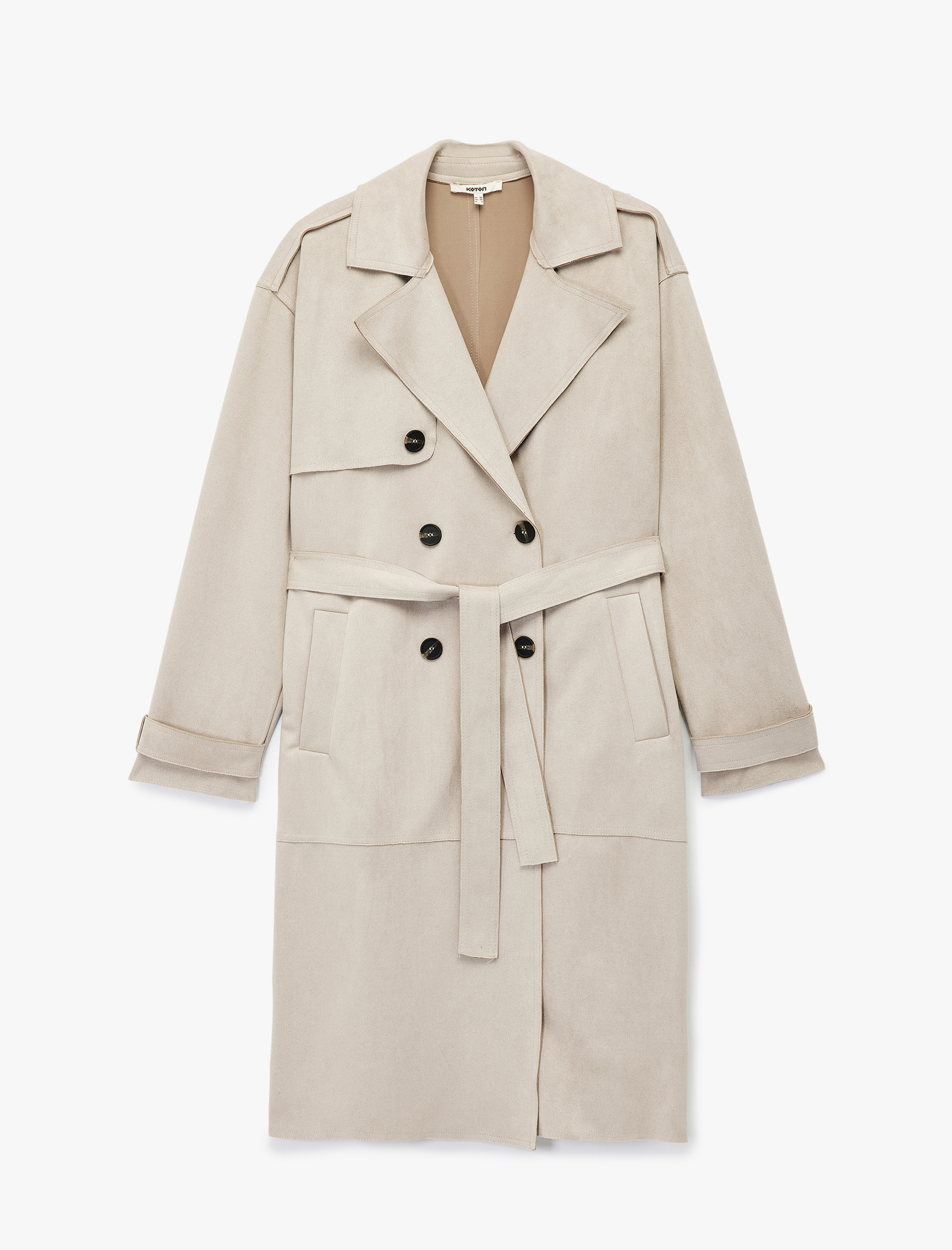   Uzun Kollu Cepli Kemerli Kruvaze Suni Süet Trençkot