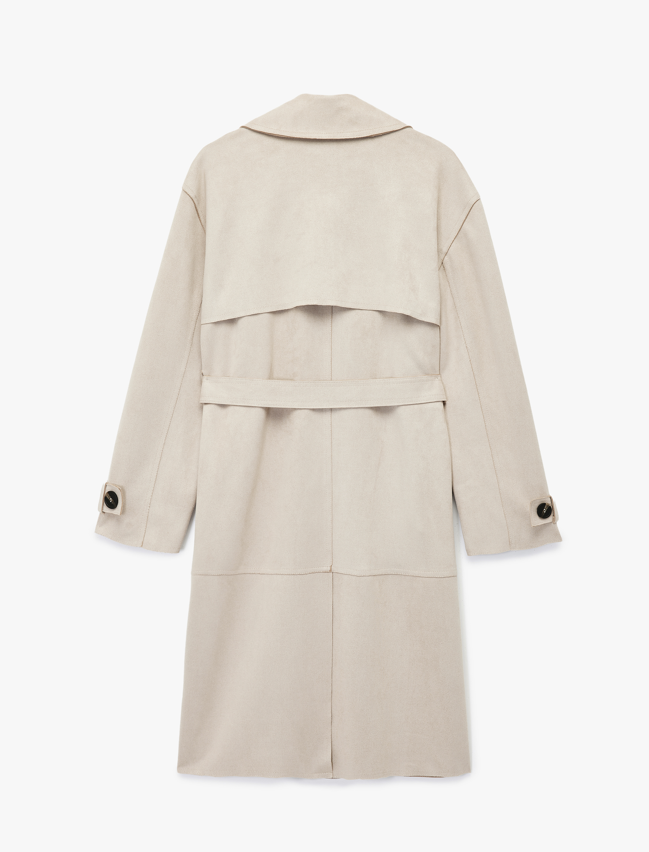   Uzun Kollu Cepli Kemerli Kruvaze Suni Süet Trençkot