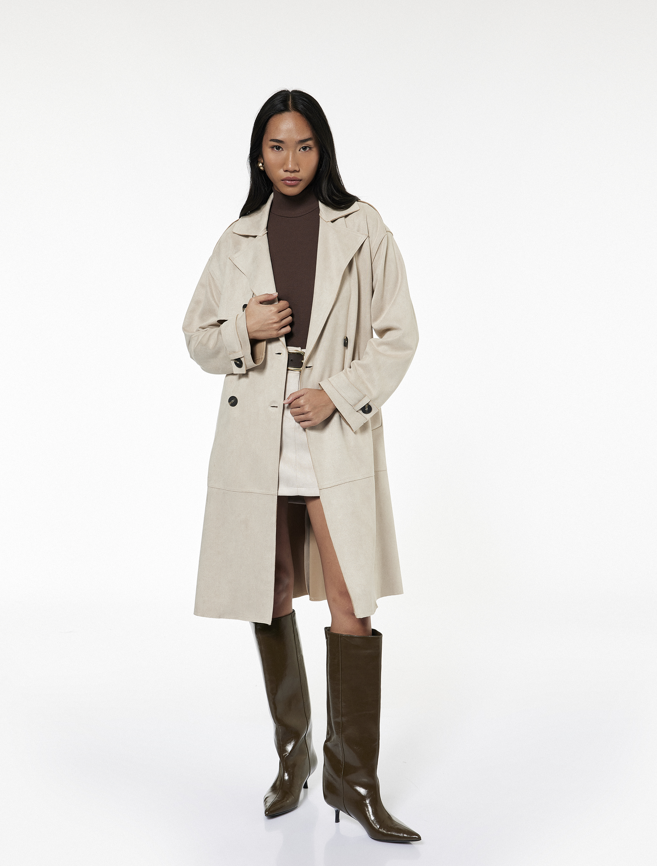   Uzun Kollu Cepli Kemerli Kruvaze Suni Süet Trençkot