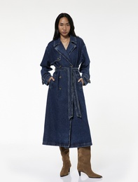 Düğmeli Kemer Detaylı Kruvaze Yaka Uzun Denim Ceket